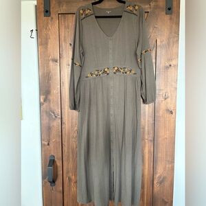 Olive Green Embroidered Button-Front Maxi Dress